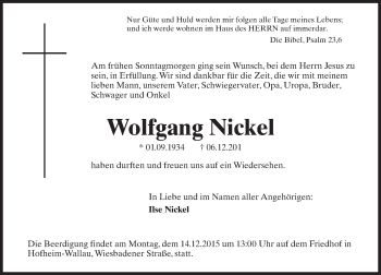 Traueranzeige von Wolfgang Nickel von  Wiesbaden komplett