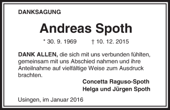 Traueranzeige von Andreas Spoth von  Usinger Anzeiger
