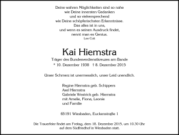 Traueranzeige von Kai Hiemstra von  Wiesbaden komplett
