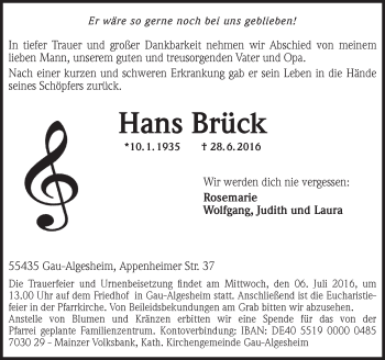 Traueranzeige von Hans Brück von Trauerportal Rhein Main Presse