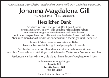 Traueranzeige von Johanna Magdalena Gill von  Allgemeine Zeitung Mainz