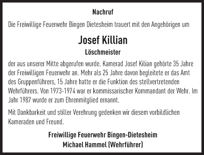  Traueranzeige für Josef Killian vom 15.12.2015 aus  Allgemeine  Zeitung Ingelheim-Bingen