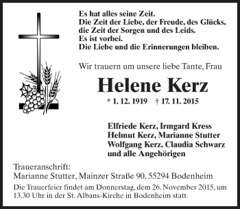 Traueranzeige von Helene Kerz von  Allgemeine Zeitung Mainz
