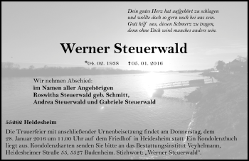 Traueranzeige von Werner Steuerwald von  Allgemeine  Zeitung Ingelheim-Bingen