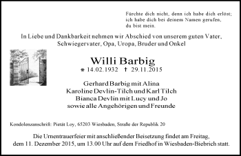 Traueranzeige von Willi Barbig von  Wiesbaden komplett