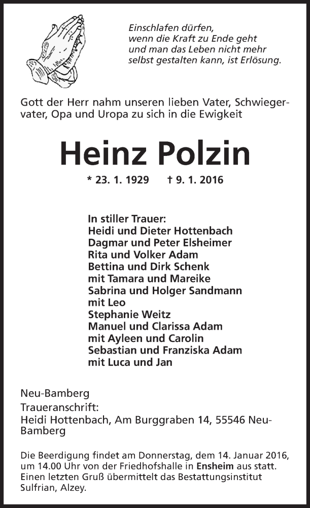  Traueranzeige für Heinz Polzin vom 12.01.2016 aus  Allgemeine Zeitung Alzey