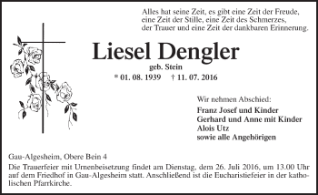 Traueranzeige von Liesel Dengler von Trauerportal Rhein Main Presse