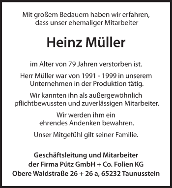 Traueranzeige von Heinz Müller von Trauerportal Rhein Main Presse