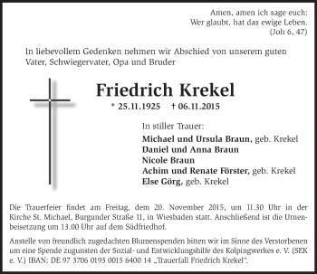 Traueranzeige von Friedrich Krekel von  Wiesbaden komplett