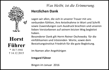 Traueranzeige von Horst Führer von  Allg. Zeitung Bad Kreuznach