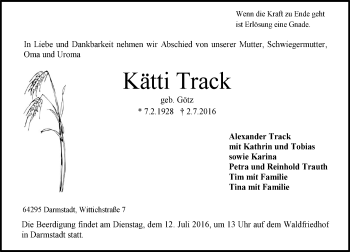 Traueranzeige von Kätti Track von Trauerportal Echo Online
