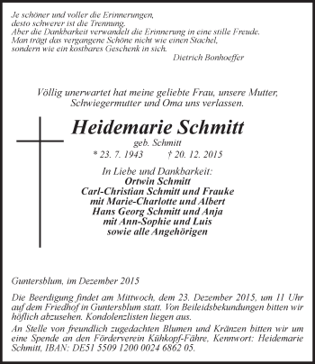 Traueranzeige von Heidemarie Schmitt von  Wormser Zeitung