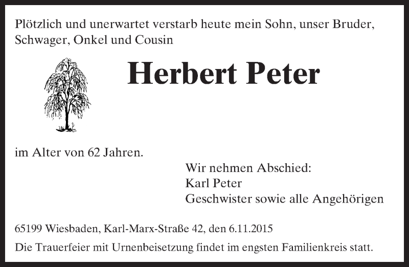  Traueranzeige für Herbert Peter vom 14.11.2015 aus  Wiesbaden komplett