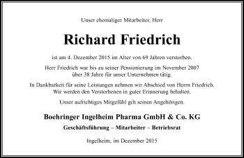 Traueranzeige von Richard Friedrich von  Allgemeine  Zeitung Ingelheim-Bingen