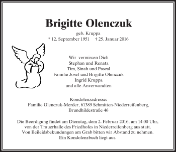 Traueranzeige von Brigitte Olenczuk von  Usinger Anzeiger