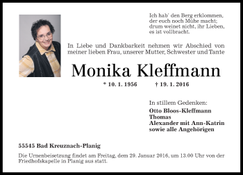 Traueranzeige von Monika Kleffmann von  Allg. Zeitung Bad Kreuznach