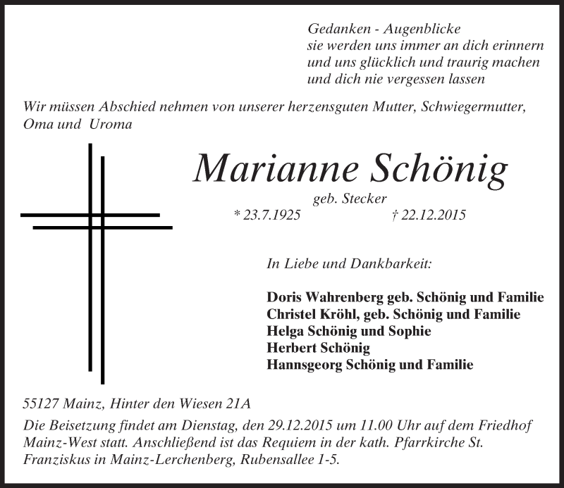  Traueranzeige für Marianne Schönig vom 24.12.2015 aus  Allgemeine Zeitung Mainz