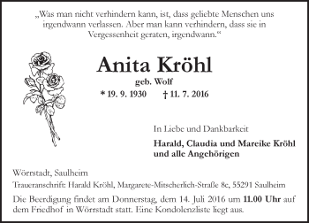 Traueranzeige von Anita Kröhl von Trauerportal Rhein Main Presse