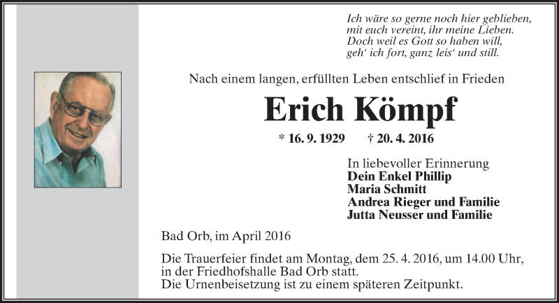  Traueranzeige für Erich Kömpf vom 22.04.2016 aus  GT am Sonntag