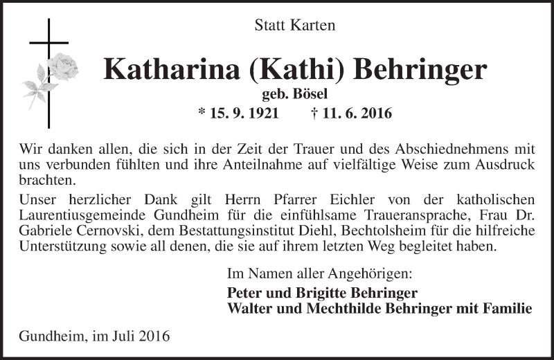  Traueranzeige für Katharina Behringer vom 23.07.2016 aus Trauerportal Rhein Main Presse
