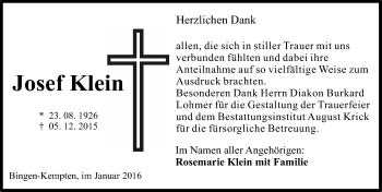 Traueranzeige von Josef Klein von  Allgemeine  Zeitung Ingelheim-Bingen
