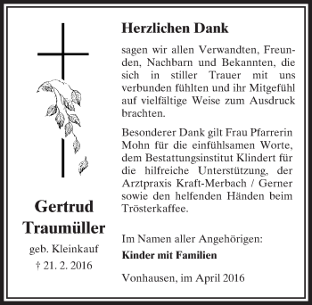 Traueranzeige von Gertrud Traumüller von  Sonntags Anzeiger