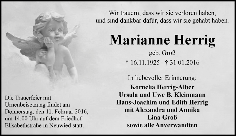  Traueranzeige für Marianne Herrig vom 08.02.2016 aus  WK-UTA/Aar-Bote
