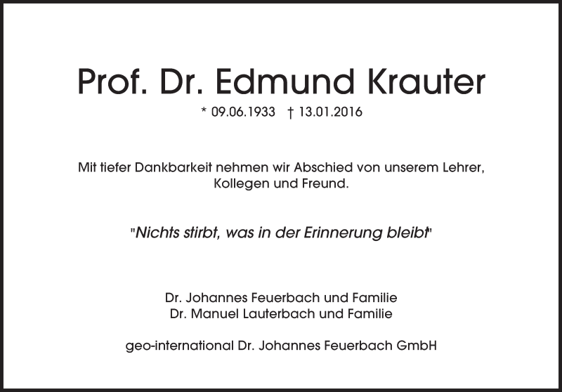  Traueranzeige für Edmund Krauter vom 18.01.2016 aus  Allgemeine Zeitung Mainz