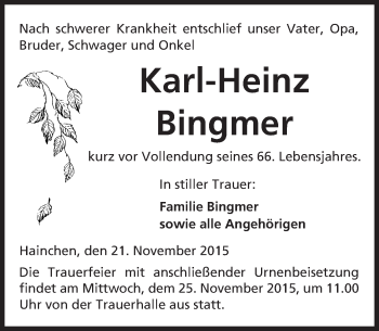 Traueranzeige von Karl-Heinz Bingmer von  Kreisanzeiger