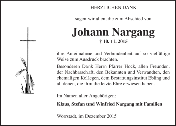 Traueranzeige von Johann Nargang von  Allgemeine Zeitung Alzey