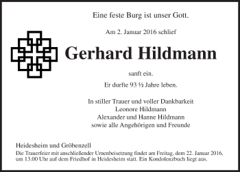 Traueranzeige von Gerhard Hildmann von  Allgemeine Zeitung Mainz