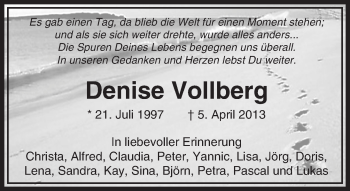Traueranzeige von Denise Vollberg von  Usinger Anzeiger