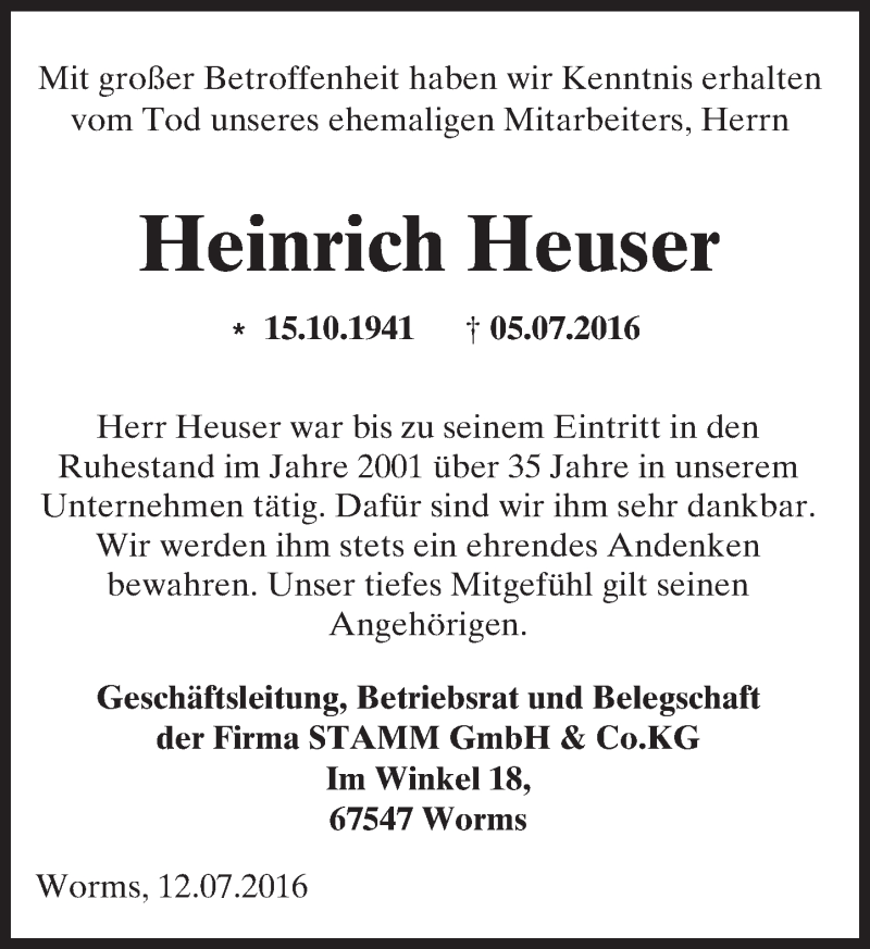  Traueranzeige für Heinrich Heuser vom 13.07.2016 aus Trauerportal Rhein Main Presse