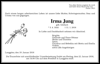 Traueranzeige von Irma Jung von  Gießener Anzeiger