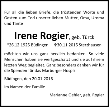 Traueranzeige von Irene Rogier von  Sonntags Anzeiger