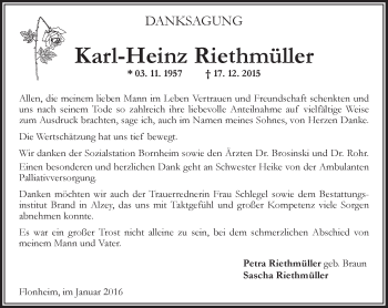 Traueranzeige von Karl-Heinz Riethmüller von  Allgemeine Zeitung Mainz