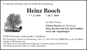 Traueranzeige von Heinz Booch von Trauerportal Rhein Main Presse