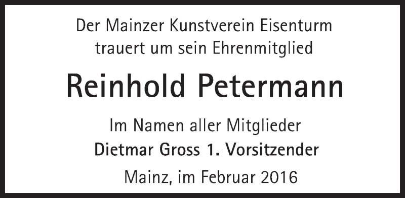  Traueranzeige für Reinhold Petermann vom 20.02.2016 aus trauer.rmp.de
