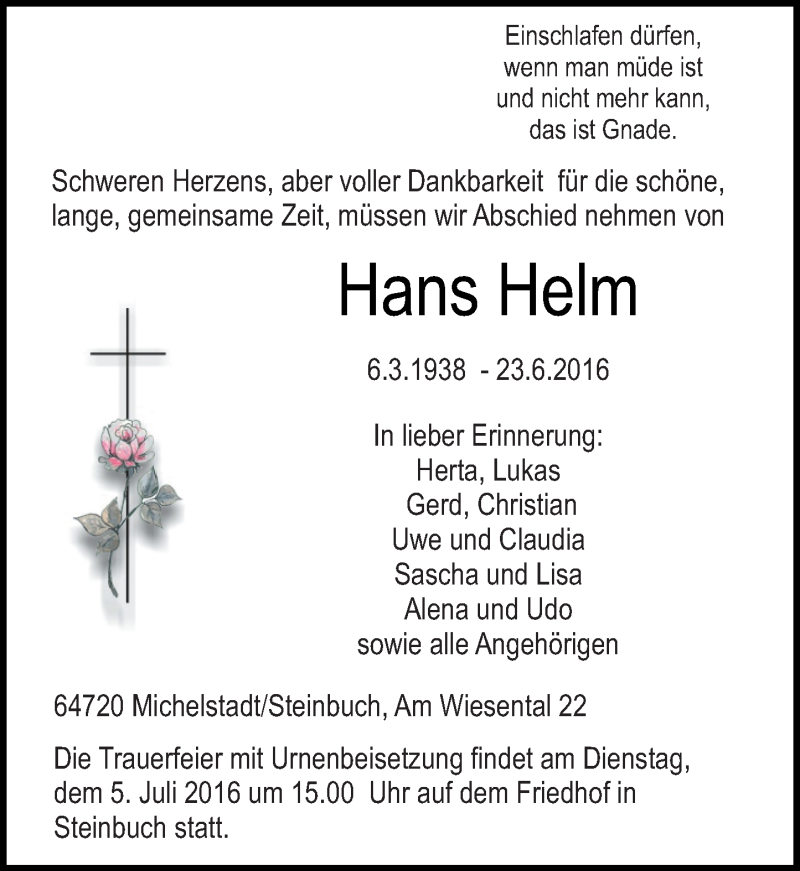  Traueranzeige für Hans Helm vom 02.07.2016 aus Trauerportal Echo Online