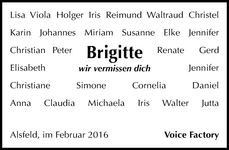  Traueranzeige für Brigitte Wismans vom 15.02.2016 aus  Oberhessische Zeitung