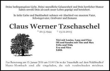Traueranzeige von Claus Werner Tzschaschel von  Allgemeine Zeitung Mainz