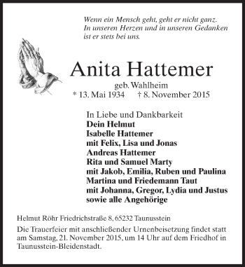 Traueranzeige von Anita Hattemer von  Wiesbaden komplett