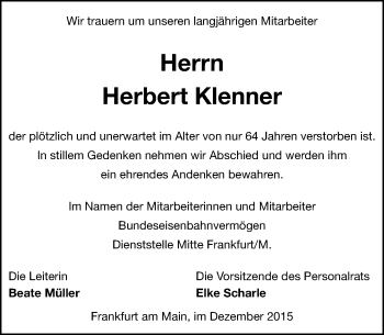 Traueranzeige von Herbert Klenner von  Kreisanzeiger