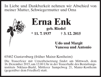 Traueranzeige von Erna Enk von  Allgemeine Zeitung Mainz