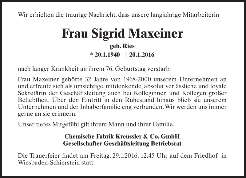  Traueranzeige für Sigrid Maxeiner vom 23.01.2016 aus trauer.rmp.de