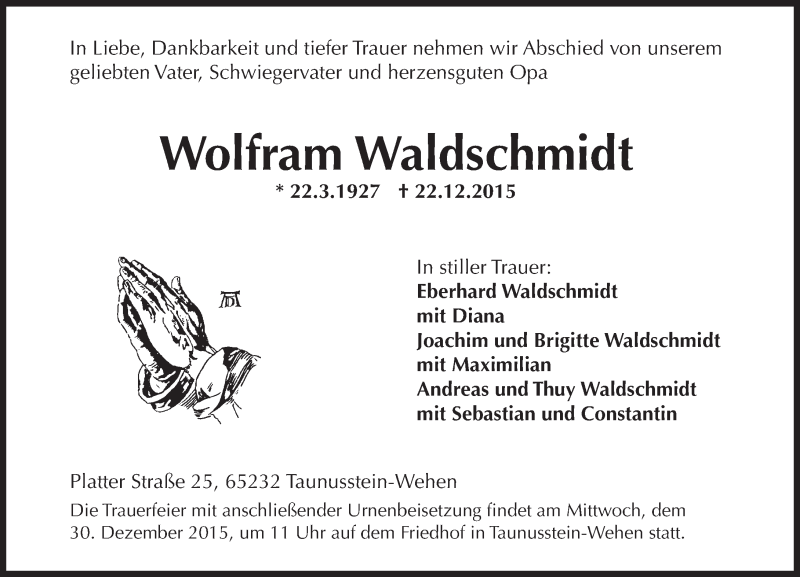  Traueranzeige für Wolfram Waldschmidt vom 28.12.2015 aus  Wiesbaden komplett