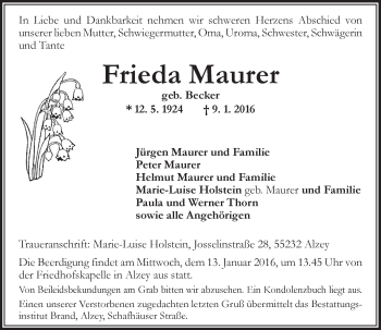 Traueranzeige von Frieda Maurer von  Allgemeine Zeitung Alzey