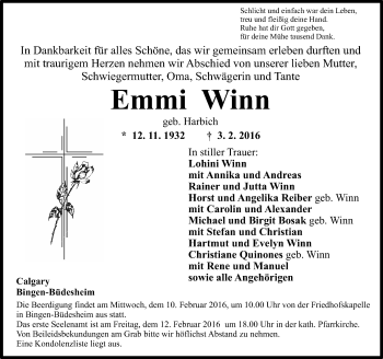 Traueranzeige von Emmi Winn von  Allgemeine  Zeitung Ingelheim-Bingen