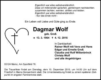 Traueranzeige von Dagmar Wolf von  Allgemeine Zeitung Mainz