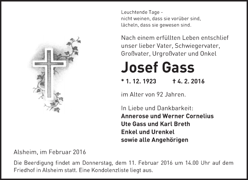  Traueranzeige für Josef Gass vom 08.02.2016 aus  Wormser Zeitung